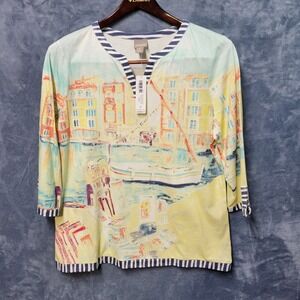 Chicos Watercolor Harbor Notch Neck 3/4 Sleeve Tunic Top Size 2 Venice Print